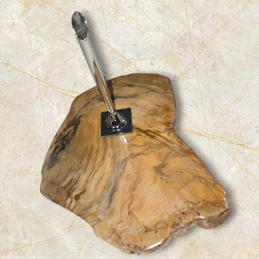 Vintage Desk Fountain Chrome Pen Holder with Polished Stone Base‎ Stand Office